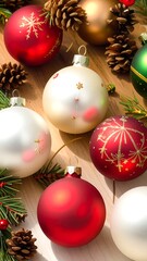 Christmas ornaments with pine cones and festive holiday decorations overhead