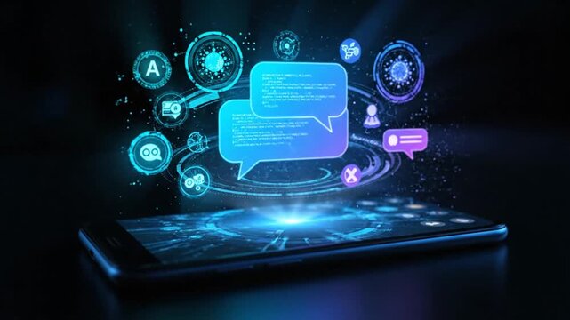 Digital communication icons and speech bubbles emerging from a tablet screen in a dark environment