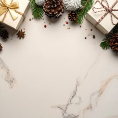 Christmas gifts and decorations arranged on a marble background with copy space