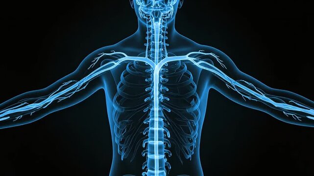 Human skeleton viewed from the front with outstretched arms in a medical illustration style