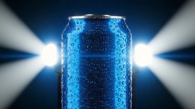 Cold blue soda can with condensation and bright light effect on dark background approximately 160