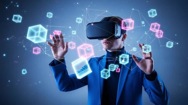 Man wearing virtual reality headset interacting with digital cubes in blue suit approximately 160 characters