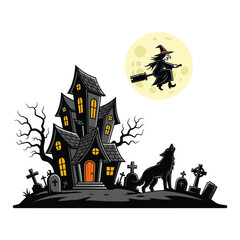 Fototapeta premium A spooky Halloween scene with a haunted house and a howling wolf