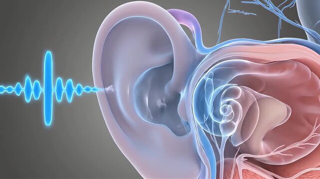 Anatomical illustration of human ear with sound wave entering, detailed inner ear structures