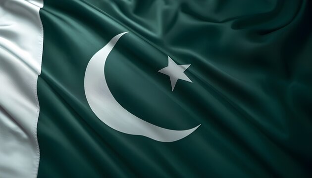 The flag of Pakistan waving in the wind with a green and white color scheme