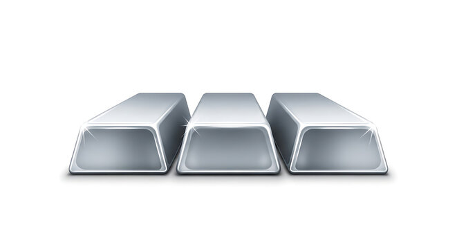 Three Shiny Silver or Platinum Metal Ingots Isolated on White