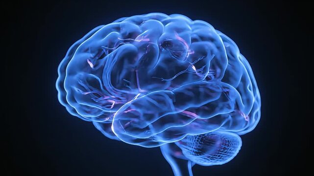 A detailed 3D rendering of a human brain from a side viewpoint illustrating complex neural networks