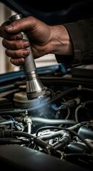 Fototapeta premium Mechanic illuminates complex machinery inside an automobile engine bay with a metal handheld light