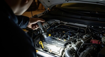 Mechanic uses handheld light to examine complex machinery within an automobile engine bay
