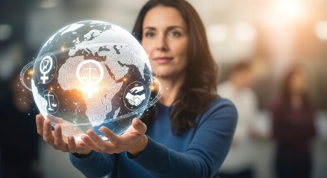 Global Vision: A visionary woman cradles a luminous globe, embodying the interconnectedness of global concepts, and progress within a corporate environment.