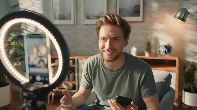 Young Man Recording Video Blog on Smartphone with Ring Light Setup