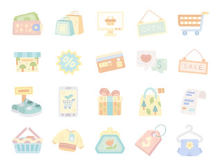 Shopping set in scandinavian style featuring showing retail payment, bag, signage, cart, clothing, sneaker, gift, tag and online commerce designers wallets