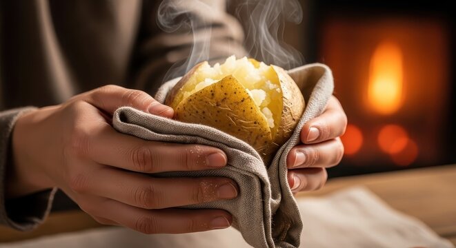 Person gently holds hot steaming baked potato wrapped in cloth near fireplace