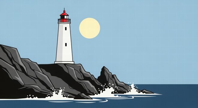 Guiding Light at the Coast: A stalwart lighthouse stands firm on a rocky cliff, illuminating the ocean waves under the bright sun, a beacon of guidance and safety.