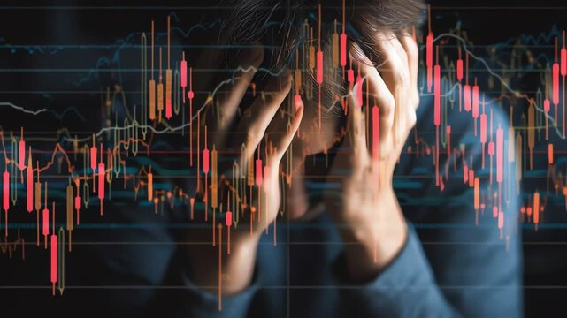 Business person stressed by stock market crash and financial data loss