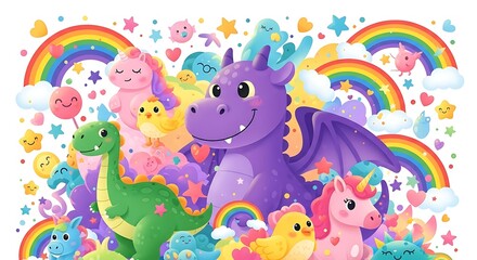 Fototapeta premium Colorful cartoon fantasy creatures with rainbow and cloud background design
