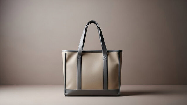 A black and beige leather handbag on a neutral beige floor against a plain beige wall