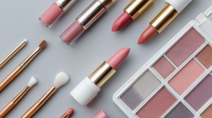 Obraz premium A flat lay of various lipsticks, brushes, and an eyeshadow palette in soft pink and nude shades on a gray background.