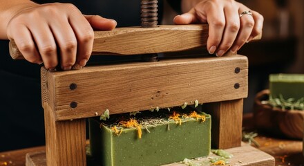 Artisan carefully processes handmade soap using a traditional wooden press mechanism