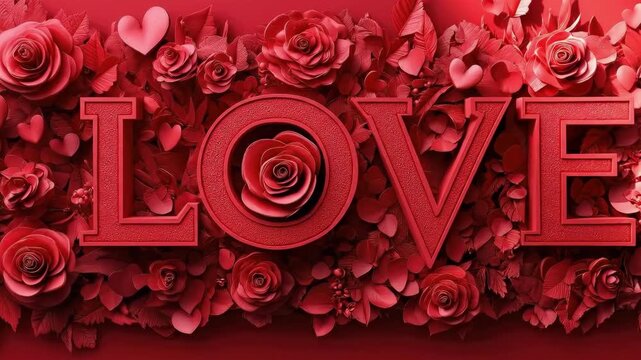 Red love sign with roses and hearts on a vibrant background. The 14th of February. Happy Valentine's Day
