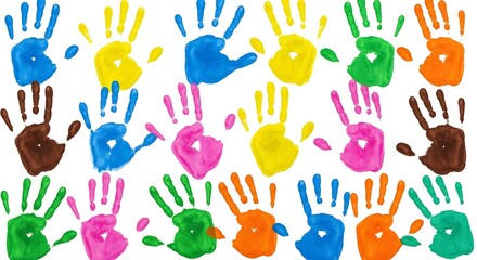 Colorful children handprint art design with various vibrant paint colors