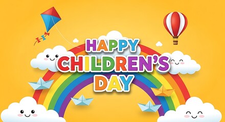 Colorful happy childrens day celebration illustration with rainbow and flying objects