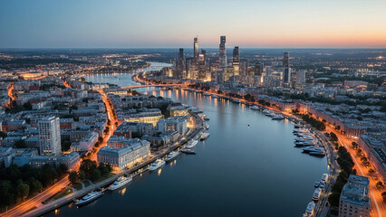 Fototapeta premium Cityscape aerial view of a river with skyscrapers and boats at dusk with illuminated roads