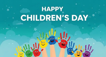 Colorful Happy Childrens Day Handprint Illustration with Smiley Faces