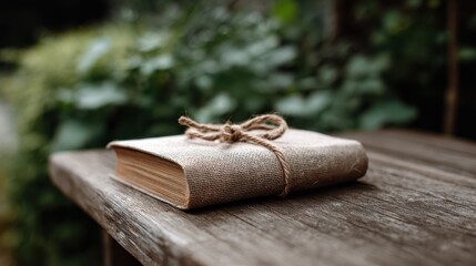 Wrapped vintage book tied with twine on rustic wooden bench outdoors