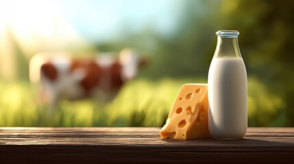 Fresh dairy cheese wedge paired with creamy milk in sunny outdoor setting