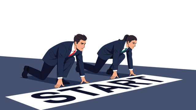 Professional business man and woman in suits poised at a race starting line symbolizing corporate competition and ambition.
