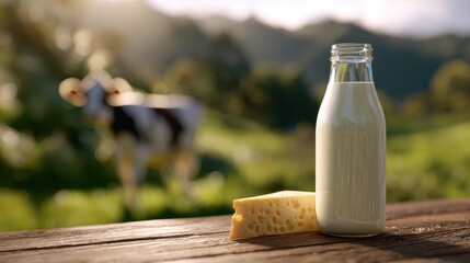 Fresh milk bottle beside rustic cheese on wooden table with grazing cows