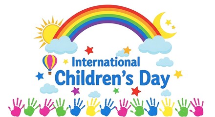 Obraz premium Colorful International Childrens Day celebration graphic with rainbow and handprints