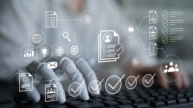 A futuristic workspace showcasing a robotic hand typing on a keyboard. Digital icons and documents illustrate technology integration in modern business processes. Gantry