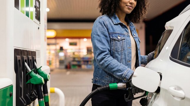 Young woman with curly hair refueling her white car at a gas station at night, holding a green fuel pump nozzle and wearing a denim jacket and gloves.