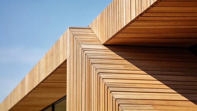 Modern wooden architecture exterior with geometric lines,natural material facade under blue sky,contemporary sustainable building design ideal for real estate,construction and architectural branding