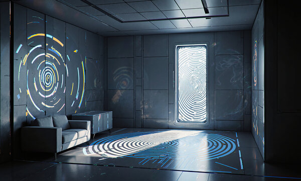Futuristic metamaterial interior featuring chiral light patterns on gray walls and floor in a modern sci-fi room concept