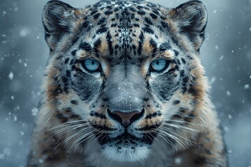 Obraz premium Close-Up Portrait of a Majestic Snow Leopard with Blue Eyes in Winter Snowfall