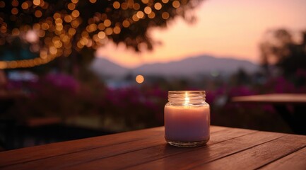 Glowing candle on rustic wooden table during serene sunset ambiance