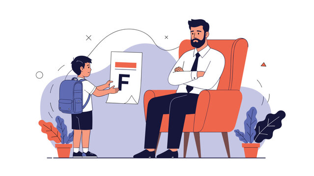 Small schoolboy showing a paper with a large F grade to a disappointed father sitting in an armchair with arms crossed.