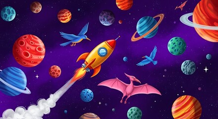 Colorful space illustration featuring rockets birds and fantasy planets in cosmic scene