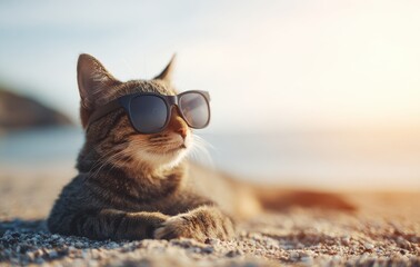Stylish tabby cat lounging coolly with trendy sunglasses on beach