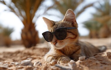 Stylish tabby kitten lounging coolly in sunglasses on sandy ground