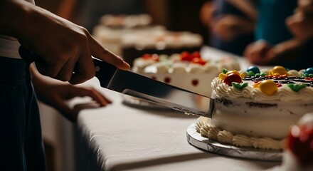 Couple cutting colorful wedding cake at celebration event together