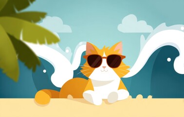 Chill orange cat lounging on beach with stylish sunglasses under sunny sky