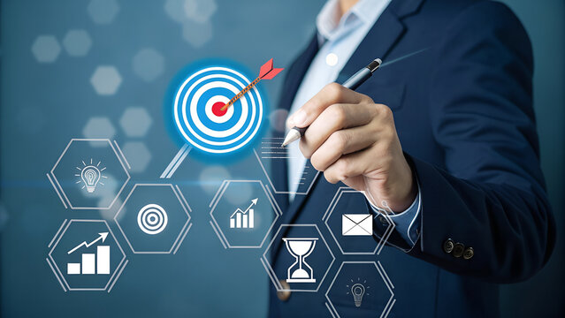 Goal setting and strategic focus using digital interface. businessman selecting target icon and strategy dashboard. strategic planning, performance tracking and digital business management