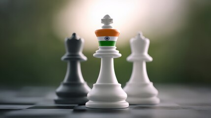 Indian flag adorned chess king surrounded by black and white pawns