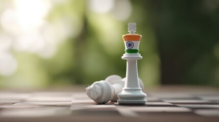Modified chess king with Indian flag emblem standing triumphantly on a wooden board