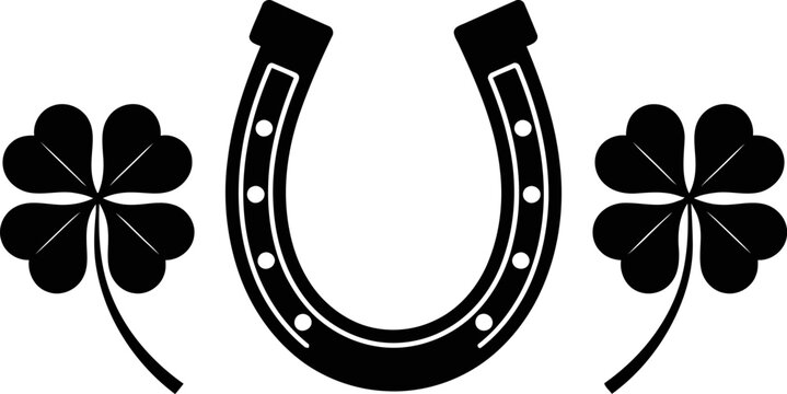 Lucky Emblem: An emblematic composition of a horseshoe and lucky clover leaves, symbolizing fortune and good luck, presented in a minimalist, symbolic style.
