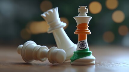 Customized chess king and pawn pieces with Indian flag design on table